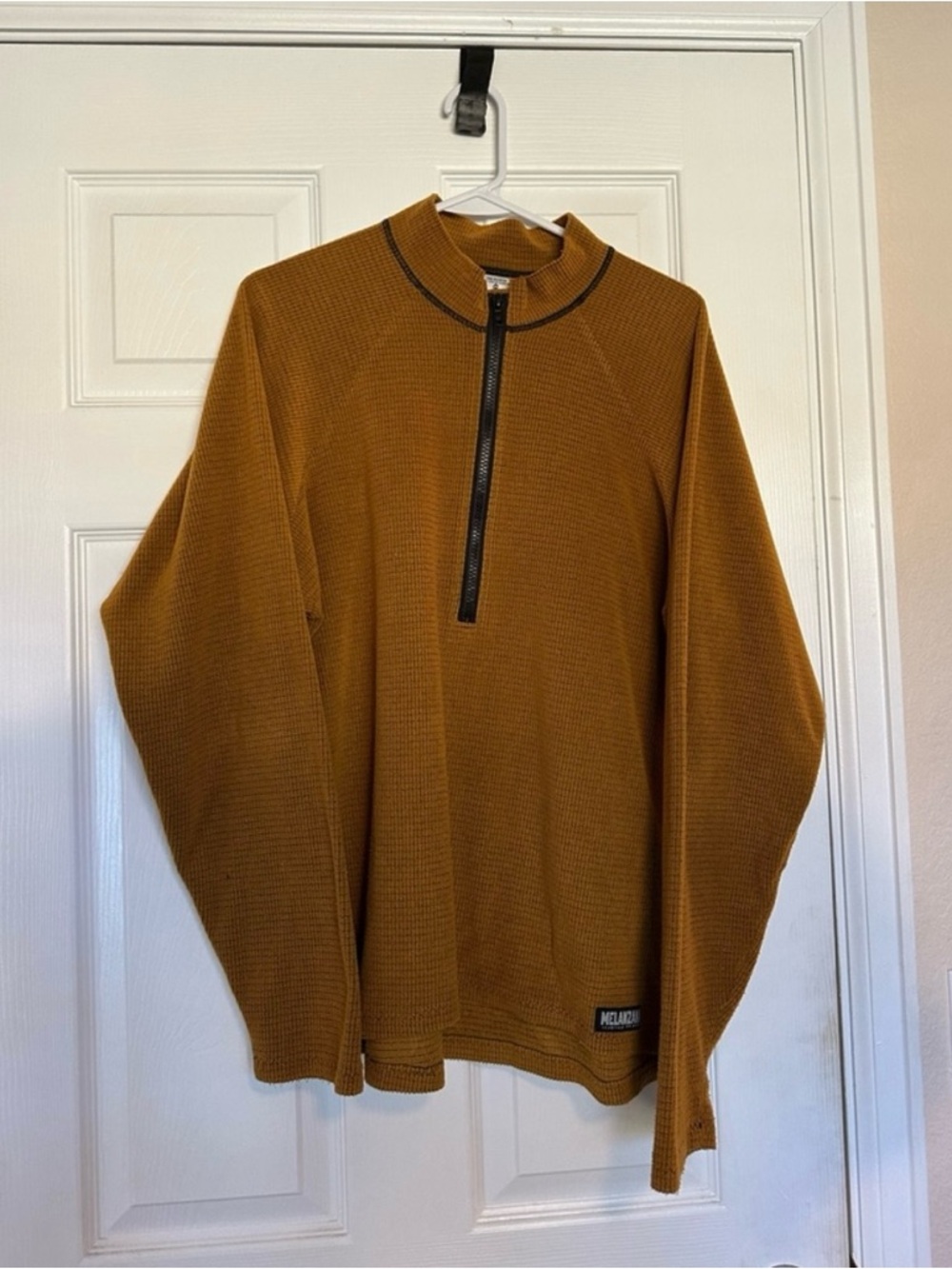 Melanzana Men's Half-Zip Waffle Pullover - Mustard Brown